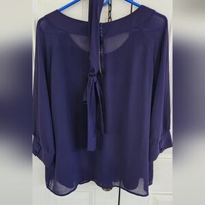 Worthington Purple Ruched Tie Front Long Sleeve Blouse